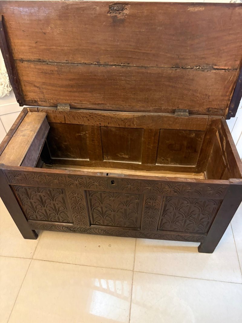Antique 17th Century Carved Oak Coffer Chest Blanket Box With Original Candle Box - Image 5